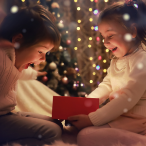Two children opening a present Two children opening a present