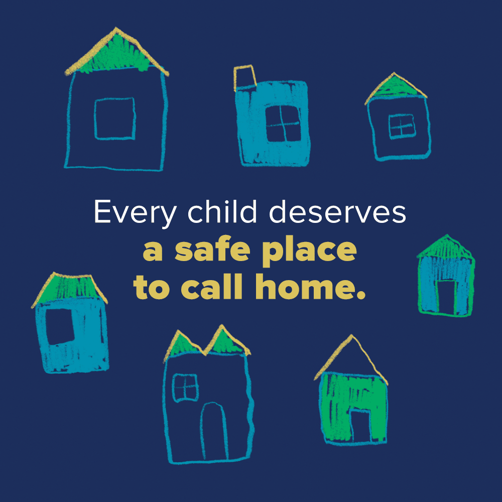 1080x1080 An animated gif of childrens' drawings of houses being illuminated with lights inside.